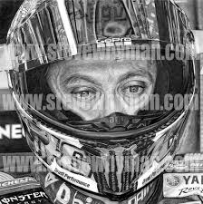 The world famous valentino rossi is captured perfectly in this pencil drawing combining two images onto one print with a digitally enhanced background and valentino's signature. Valentino Rossi Portrait Steve Whyman Motorcycle Art