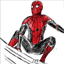 I did this by first making a layout sketch, then sketching, inking and coloring each character. Spider Man Far From Home Suit Drawing