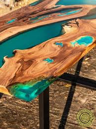 Turquoise Resin Dining Table Made Of Walnut Wood Live Edge River Made Of Semitransparent Blue Turquoise Resin So Wood Resin Table Resin Table Resin Furniture