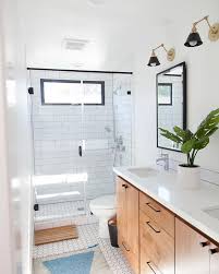 White Bathroom Remodel With Natural Wood Floating Vanity Colorful Rug White Subway Tile And Recessed M Vanity Design Wood Vanity Bathroom Inspiration Modern