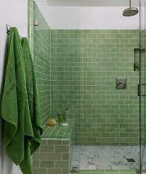 Gorgeous Green And White Themed Bathroom Features Polished Nickel Towel Hooks Holding Green Bath Towels Besi Green Bathroom Bathroom Tile Designs Tile Bathroom