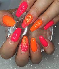 Neon Pink And Orange Nails Neon Coral Nails Glitter Gel Nails Neon Nails