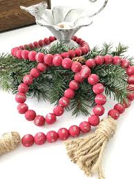 Red Wood Bead Garland Farmhouse Beads Home Decor Beads Etsy Beaded Garland Wood Bead Garland Wooden Bead Garland