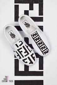 Black And White Custom Vans Slip Ons Hand Painted Fendi Print Custom Vans Shoes Custom Vans Shoes Vans Canvas Shoes Custom Slip On Vans