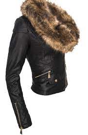 Black Faux Fur Collar Oblique Zipper Crop Pu Jacket Faux Fur Collar Fur Hood Jacket Jackets For Women