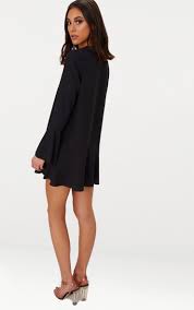 Black Button Frill Hem Shift Dress Dresses Black Button Fashion