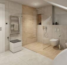 Ebenerdige Dusche Badezimmer Fliesen Holz Steinoptik Glaswand Badezimmer Helle Badezimmer Badezimmer Fliesen