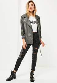 Missguided Grey Faux Leather Boyfriend Biker Jacket Coats Jackets Women Jackets Leather Outfit