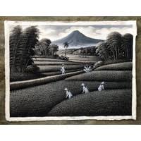 Jual lukisan pemandangan alam sawah panen padi sungai pegunungan air terjun pasar tradisional pedesaan. Pemandangan Sawah Padi Hitam Putih