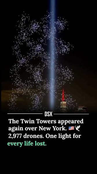 Today marks 25 years since 9/11, and last night Manhattan the @skyelementsdrones drone show illuminated the sky in honor of the World Trade Center attacks. Even after all these years, the emotions