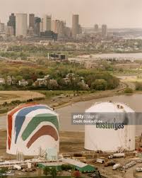 An aerial view of the Boston Gas Tank in the Dorchester neighborhood of  Boston, Sept. 1993. Photo by -The Boston Globe via Getty Images.