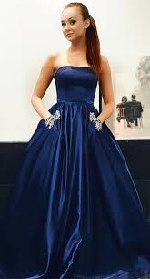Princess Strapless Navy Blue Long Prom Dress With Pockets Prom Dresses Ball Gown Prom Dresses With Pockets Floor Length Prom Dresses