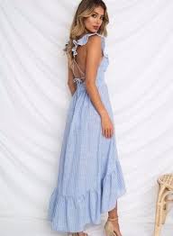 New Blue Deep V Neck Ruffle Striped Long Women Dress White Stripes Spring Summer Long Summer Dresses Summer Dress Outfits Summer Dresses