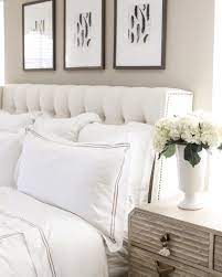 Hotel Inspired Bright And Clean Bedroom Inspiration Cream Upholstered Headboard White Sh White Headboard Bedroom Hotel Inspired Bedroom Hotel Style Bedroom