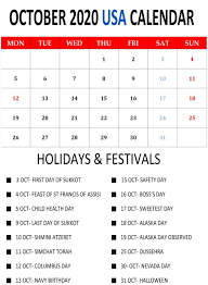 Us October 2020 Calendar With Holidays In 2020 Holiday Calendar Holiday Calendar Printable Holiday Festival