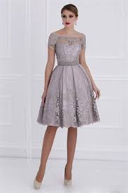 Newdeve Lace Bateau Knee Length Short Sleeves Silver Gray Mother Dresses At Amazon Women S Cl Formal Prom Dresses Short Lace Evening Dresses Prom Dresses Short