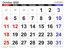 This october 2020 calendar is very useful for a lot of different purposes, for example planning your vacation. October 2020 Calendar Templates For Word Excel And Pdf