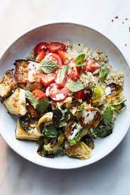 Quinoa Bowl With Crispy Brussels Sprouts Eggplant And Tahini Recipe Recipe Sprout Recipes Nyt Cooking Lemon Tahini Dressing