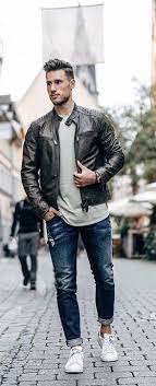 Fall Outfit Inspiration With A Brown Leather Jacket Beige Shirt Blue Jeans White Stan Smith Adidas Sneake Stan Smith Outfit Men Leather Jacket Men Mens Outfits