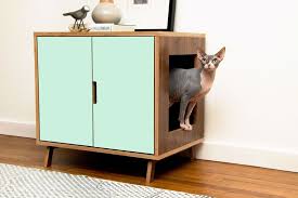 These Mid Century Modern Inspired Cabinets Hide A Cat S Litterbox Modern Pet Furniture Litter Box Furniture Pet Furniture