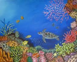 Watercolor coral reef composition with laminaria leaves. Coral Reef Painting By Amelie Simmons