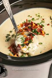 This creamy hearty potato soup is loaded with bacon, potatoes, cheese, sour cream, and so much more. Crockpot Potato Soup So Easy Spend With Pennies