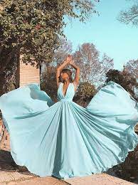 A Line Deep V Neck Light Blue Chiffon Long Prom Dress Prom Dresses Blue Pretty Prom Dresses Pink Prom Dresses