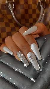 These coffin nails have a light ombre design with lots of rhinestones. Coco Chanel Inspired Press On Nails Pressedish Com Long Acrylic Nails Coffin Bling Acrylic Nails Acrylic Nails
