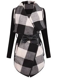 Black And White Coat Check Plaid Contrast Ribbed Sleeve Belt Coat Style Long Sleeve Plaid Fashion