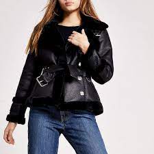 River Island Petite Black Shearling Belted Jacket Shopstyle Belted Jacket Petite Tops Shearling