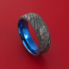 Hammered Damascus Steel Ring With Interior Anodized Titanium Sleeve Custom Made Band Damascus Steel Ring Damascus Steel Wedding Band Steel Ring