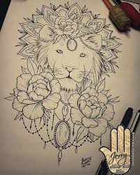 Mandala tattoo on the back, deer tattoo with triangle and dotwork mountain and wave tattoo. Lion Tattoo Idea Peony Flowers Mandala Lace Drawing Lion Tattoo Ideas Lace Drawing Tattoos