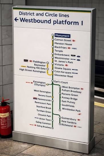 A photo of a wayfinding board showing District and Circle Line stations from the Westbound platform of Monument (London).