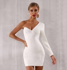 V Neck One Shoulder White Bodycon Dress White Long Sleeve Mini Dress White Dress Party Long Sleeve Cocktail Dress