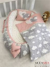 Modastra Gri Bulutlu Pudra Yildizli Ozel Tasarim Babynest Set Bebek Bebek Uyku Tulumlari Bebek Yatak Ortuleri