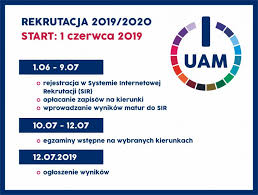 Informujemy, że w wyniku przeprowadzenia procedury kwalifikacyjnej na studia stacjonarne i stopnia na kierunki studiów prowadzone w warszawie, w pierwszej turze kwalifikacji, zostały ustalone progi punktowe podane w tabeli. Rekrutacja 2019 2020 Uniwersytet Im Adama Mickiewicza W Poznaniu