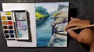 Akrilik adalah cat yang menggunakan air sebagai mediumnya. Lukis Pemandangan Menggunakan Cat Air Water Colour Youtube