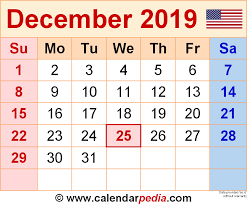 December 2019 Calendar Templates For Word Excel And Pdf Download our free printable monthly calendar templates for december 2020 in word, excel and pdf formats. december 2019 calendar templates for