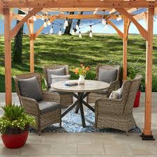Better Homes And Gardens Victoria Outdoor Dining Patio Set Cushioned Wicker 5 Piece Walmart Com In 2020 Round Outdoor Dining Table Patio Set Patio Dining Set