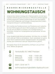 Wohnung tauschen und nettokaltmiete übernehmen dank unserem wohnungstauschportal für alle die sich vergrößern/verkleinern wollen ➤ jetzt mehr erfahren! Kollektiv Stadtsucht Neues Vom Wohnungstausch Aus Potsdam Aufgrund Des Starken Anstiegs Der Infektionszahlen Befinden Sich Die Kolleg Innen Der Koordinierungsstelle Wohnungstausch Seit Dieser Woche Im Homeoffice Wir Mochten Die Potsdamerinnen Und