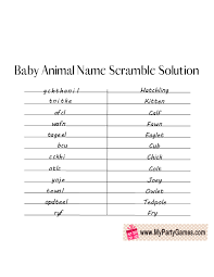 Hand each guest a copy of the scrambled words list facedown. Free Printable Baby Animal Name Scramble