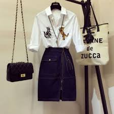 spring women s fashion cat embroidery long sleeve shirt blue denim skirt two pieces ladies girls jeans skirt suits roupas designers de moda roupas envangelicas