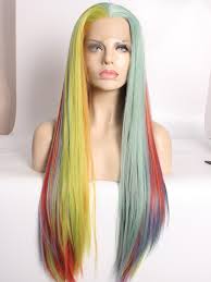 Rainbow Color Long Straight Synthetic Lace Front Wig All Synthetic Wigs Evahair