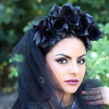 Day of the Dead Catrina Headpiece Red Black White Roses Crown Skull WGT  Costume Dia De Los Muertos Headdress Lace Veil Mantilla Candle Web