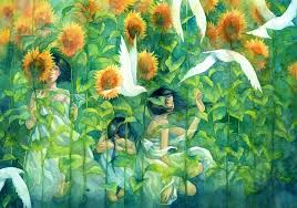 Hand painted floral, flower in meadows. Shuka Taupe Original Watercolor Girls Art Nature Sunflowers Flowers Fields Animals Birds Plants Mood Emotion Girls Women Females Color Wallpaper 2000x1405 27303 Wallpaperup