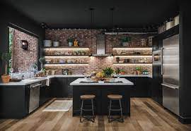 Black cabinets, neutral stone countertops and a whitewashed brick backsplash plus an elegant neutral hood. 75 Beautiful Kitchen With Black Cabinets And Brick Backsplash Pictures Ideas June 2021 Houzz