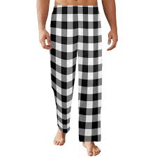 starcove Black White Buffalo Plaid Men Pajamas Pants, Tartan Check Christmas Xmas Satin Pj Sleep Trousers Couples Matching Trousers Bottoms 2XL
