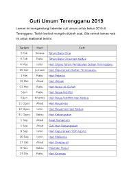 Kalendar percutian cuti umum terengganu 2020, malaysia mendedahkan semua orang awam, rasmi, persekutuan, bank & kerajaan cuti tahun 2020 yang akan diraikan oleh rakyat negeri terengganu malaysia. Cuti Umum Terengganu 2019