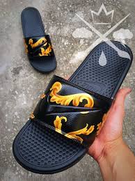 Black And Gold Nike Slides Nike Custom Black Supreme Benassi Swoosh Slide By Drippedcustomz Slides Shoes Nike Sneakers Fashion Slide Sandals
