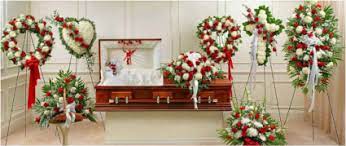 Tied sheaf of funeral flowers in classic bright red and white tones. Red White Funeral Packages 3pc Or 8pc Wreath Hearts Cross Casket Pedestal Pcs In La Mirada Ca Funeral Flowers For Less